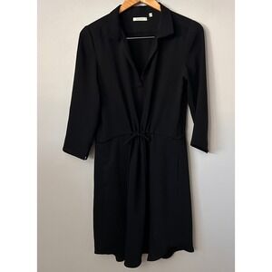 Babaton Aritzia Shirt Midi Dress Womens M Black Drawstring Waist 3/4 Sleeve Chic